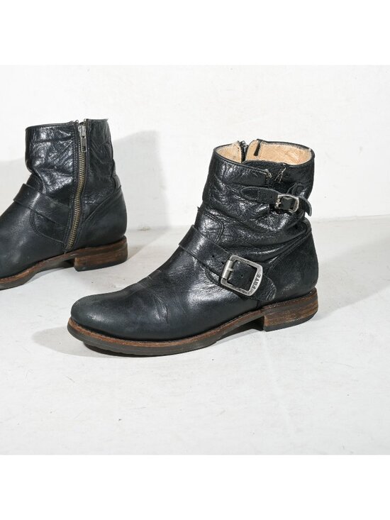 Frye Shoes - Frye Vicky Engineer Moto Ankle Boots Black Leather Double Buckle Inside Zip 8